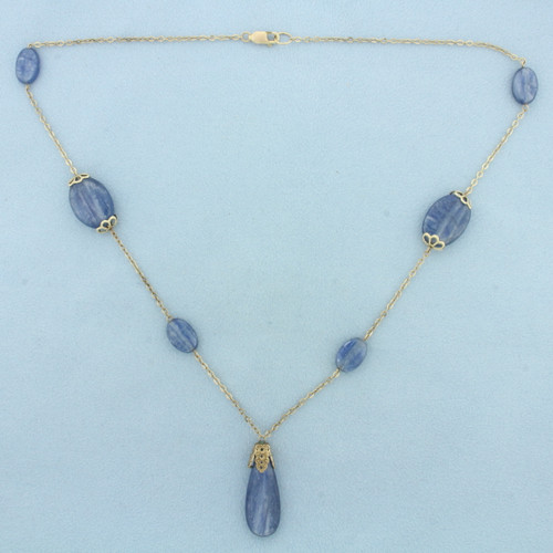 Blue Kyanite Station Dangle Necklace in 14k Yellow Gold