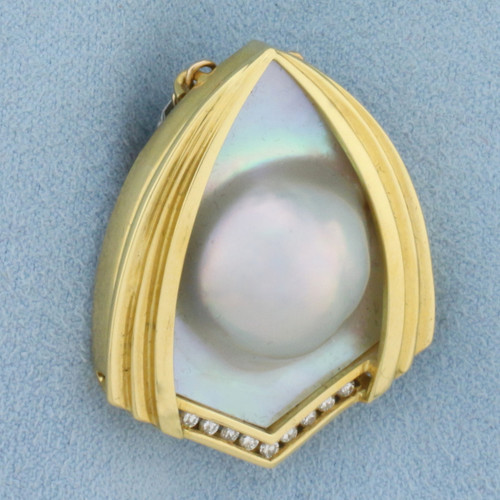 Designer Mabe Pearl and Diamond Statement Pendant in 18k Yellow Gold