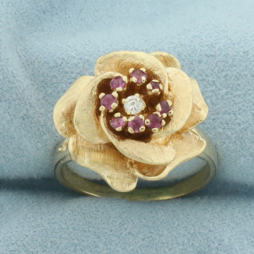 Ruby And Diamonds Rose Flower Ring in 14K Yellow Gold