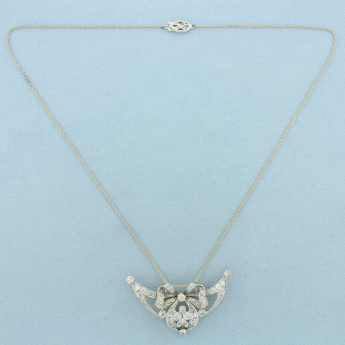 Antique Old European Cut Diamond Necklace or Brooch in 14k White Gold