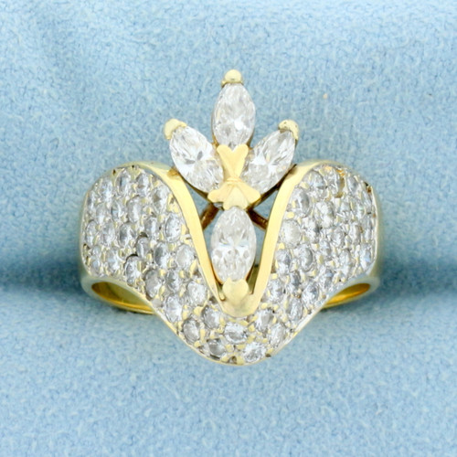Designer Marquise and Round Diamond Ring in 14K Yellow Gold