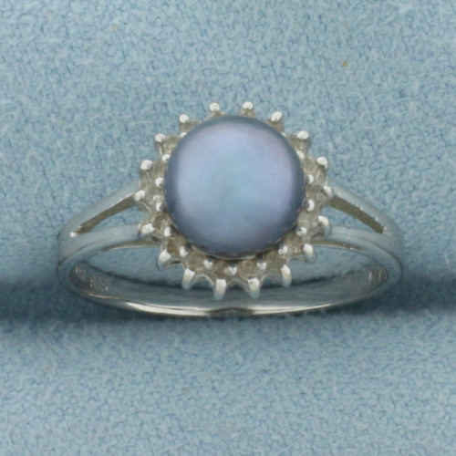 Tahitian Pearl and Diamond Halo Ring in 14k White Gold