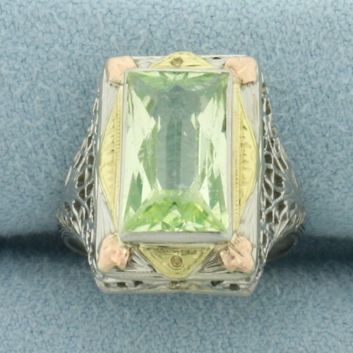 Vintage Mint Green Tourmaline Filigree Ring in 14k White, Rose, and Yellow Gold