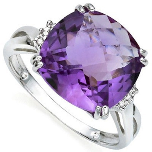 Cushion Cut Amethyst and Diamond Ring in Sterling Silver