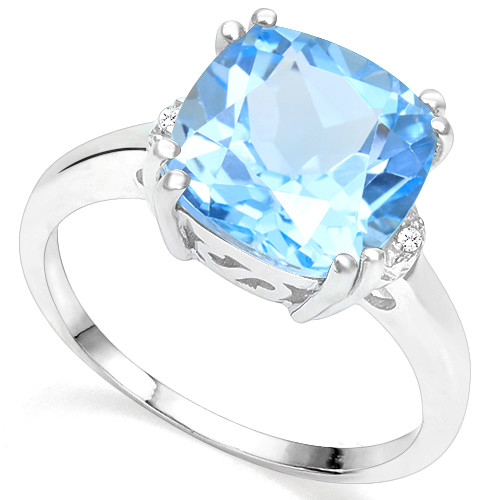 Cushion Cut Blue Topaz and Diamond Ring in Sterling Silver