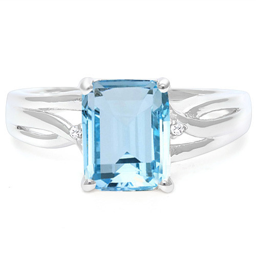 Emerald Cut Blue Topaz & Diamond Ring in Sterling Silver