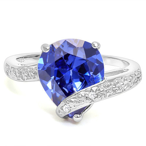 Large 3D Lab Tanzanite & Diamond Ring in Sterling Silver