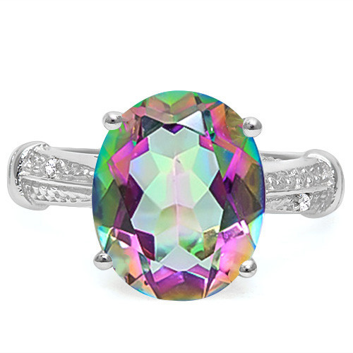 Large Mystic Topaz and Diamond Ring in Sterling Silver
