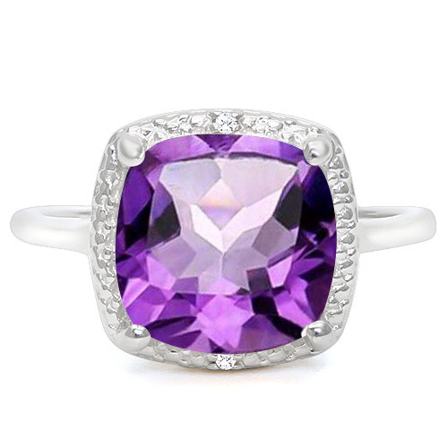 Large Cushion Cut Amethyst and Diamond Halo Ring in Sterling Silver