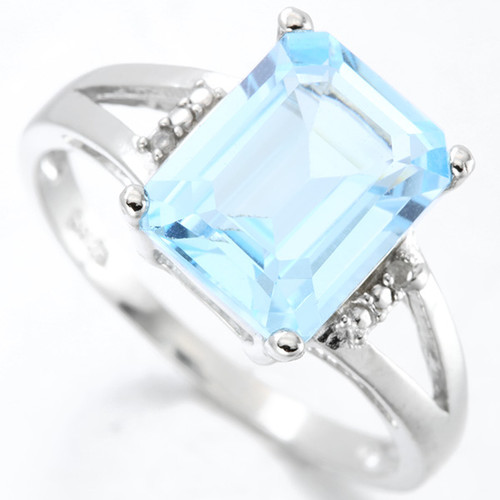 Emerald Cut Blue Topaz & Diamond Split Shank Ring in Sterling Silver