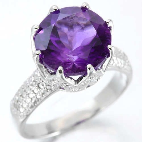 Claw Set Amethyst and Diamond Ring in Sterling Silver