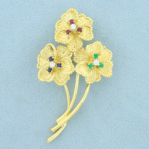 Designer Dankner Flower Pin with Emerald, Sapphire, Ruby, and Diamond in 18K Yellow Gold