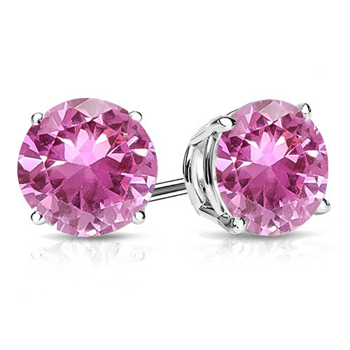 10MM Round Lab Pink Sapphire Stud Earrings in Sterling Silver