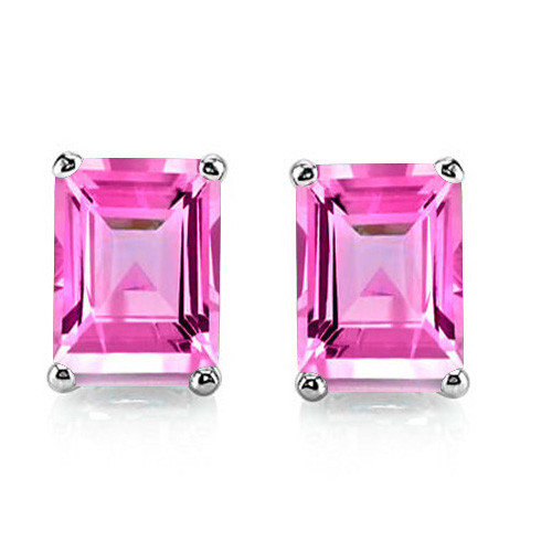 5x7 Emerald Cut Lab Pink Sapphire Earrings in Sterling Silver