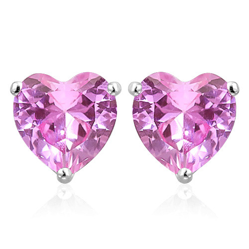 8MM Heart Lab Pink Sapphire Earrings in Sterling Silver