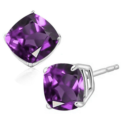8MM Cushion Cut Amethyst 4CTW Stud Earrings in Sterling Silver