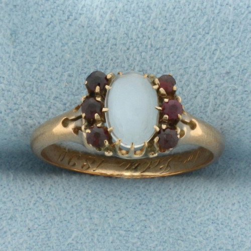 Antique 1890 Moonstone and Garnet Ring in 14k Rose Gold
