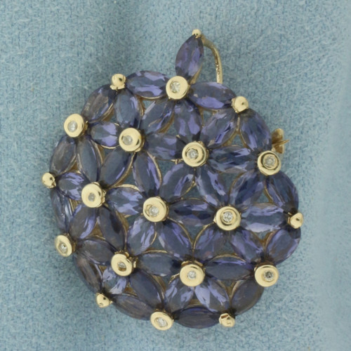 Tanzanite and Diamond Pendant or Brooch in 10K Yellow Gold