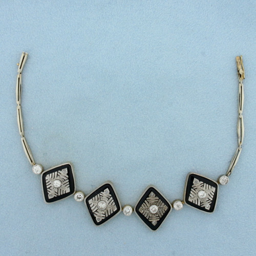 Antique Old Mine Cut Diamond and Onyx Bracelet in 18k Yellow and White Gold