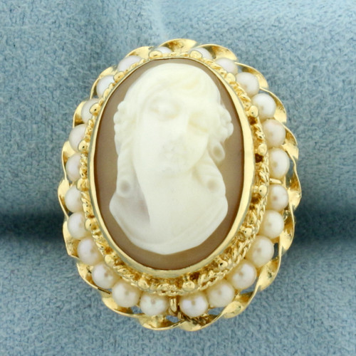 Vintage Cameo and Seed Pearl Ring in 14K Yellow Gold