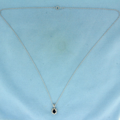 Sapphire and Diamond Halo Necklace in 14K White Gold