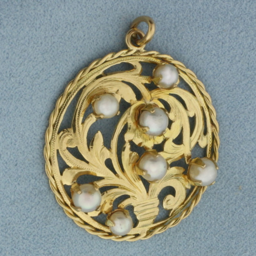 Vintage Pearl Scroll Design Pendant in 18K Yellow Gold