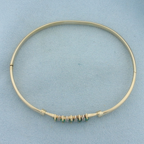 Hinged Emerald and Diamond Bangle Bracelet in 14K Yellow Gold
