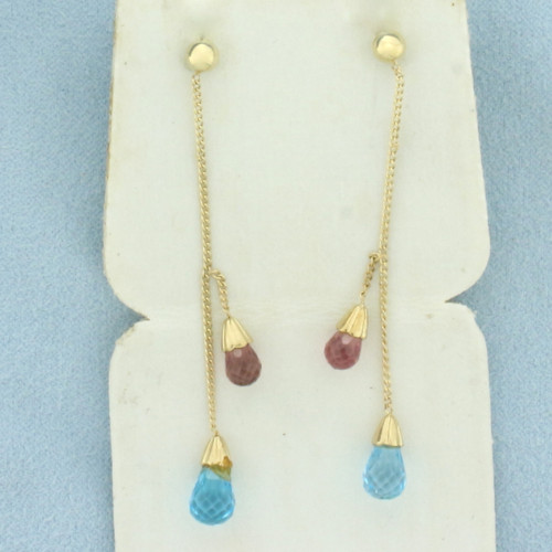 Amethyst and Blue Topaz Briolette Dangle Earrings in 10K Yellow Gold