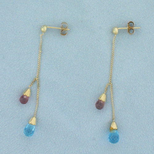 Amethyst and Blue Topaz Briolette Dangle Earrings in 10K Yellow Gold