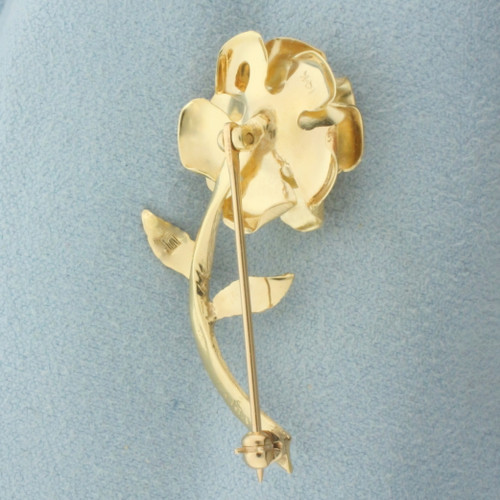 Ruby and Diamond Rose Flower Brooch Pin in 14K Yellow Gold