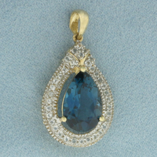 London Blue Topaz and Diamond Pendant in 10K Yellow Gold