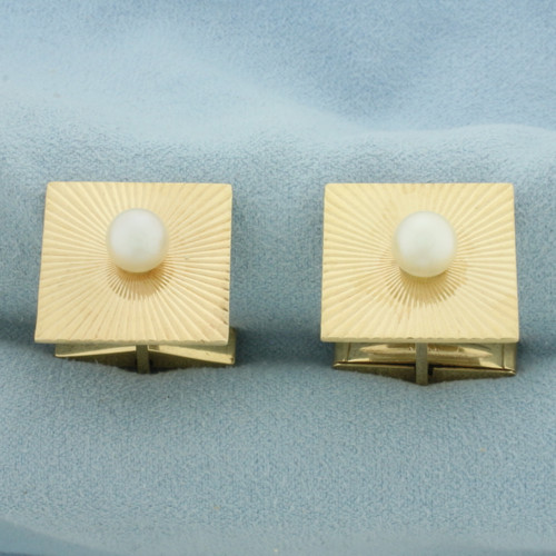 Cultured Pearl Square Mens Cufflinks in 14K Yellow Gold