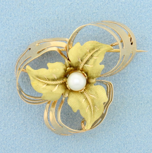 Vintage Hand Crafted Pearl Leaf Pin Brooch in 18K Yellow and Rose Gold