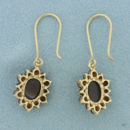 Cats Eye Garnet Dangle Halo Earrings in 10K Yellow Gold