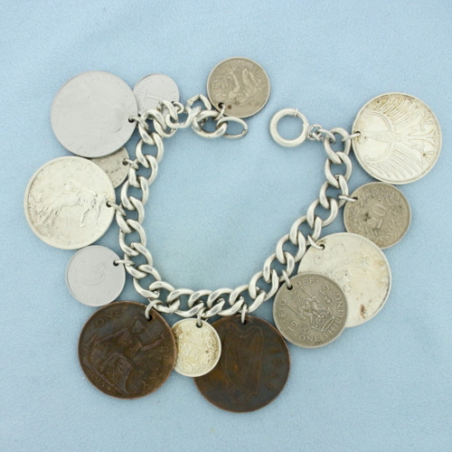 Vintage European Coin Charm Bracelet in Sterling Silver