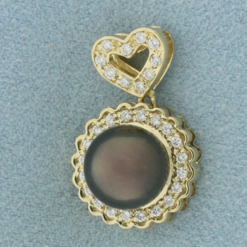 Tahitian Pearl and Diamond Heart Pendant in 14K Yellow Gold