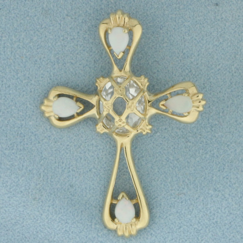 Topaz and Opal Cross Pendant in 14k Yellow Gold