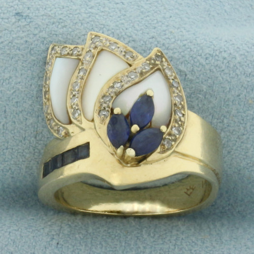 Sapphire Diamond and Mother of Pearl Ring in 14K Yellow Gold