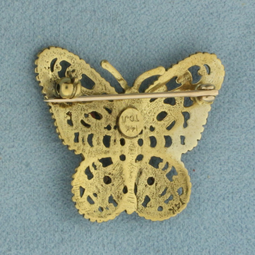 Vintage Opal and Ruby Butterfly Brooch Pin in 14K Yellow Gold