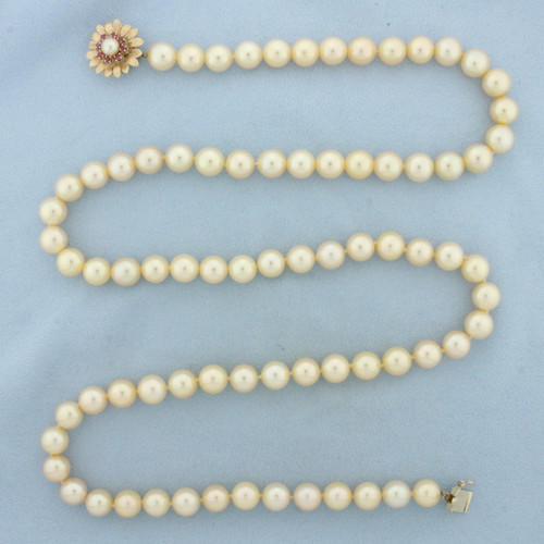 South Sea Golden Pearl Necklace with Ruby Flower Clasp in 14K Yellow Gold
