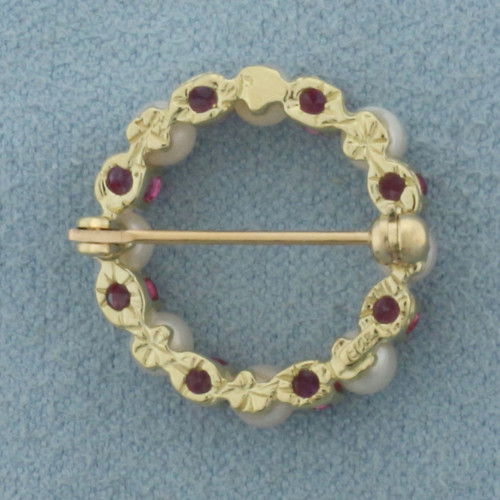 Ruby and Cultured Akoya Pearl circle Brooch Pin in 14K Yellow Gold
