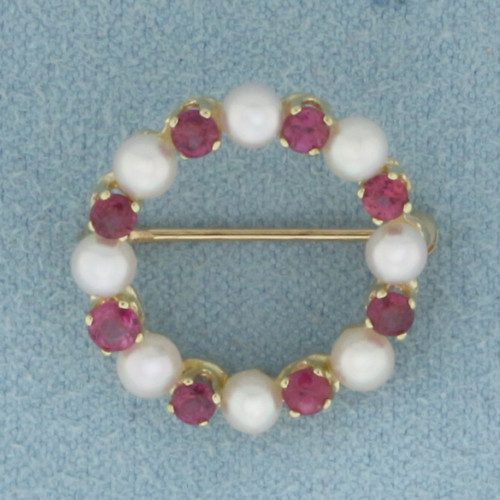 Ruby and Cultured Akoya Pearl circle Brooch Pin in 14K Yellow Gold