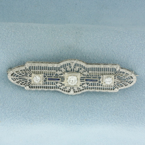 Antique Filigree Diamond and Sapphire Pin in 14K White Gold and Platinum