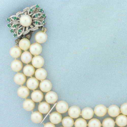 Emerald and Cultured Akoya Pearl 3 Strand Bracelet in 14K White Gold