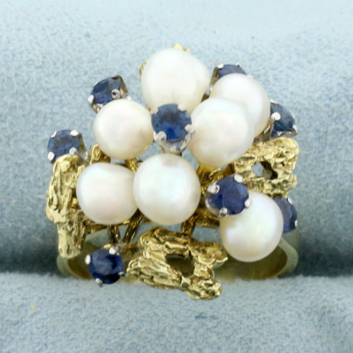 Vintage Sapphire and Akoya Pearl Cocktail Ring in 14K Yellow Gold