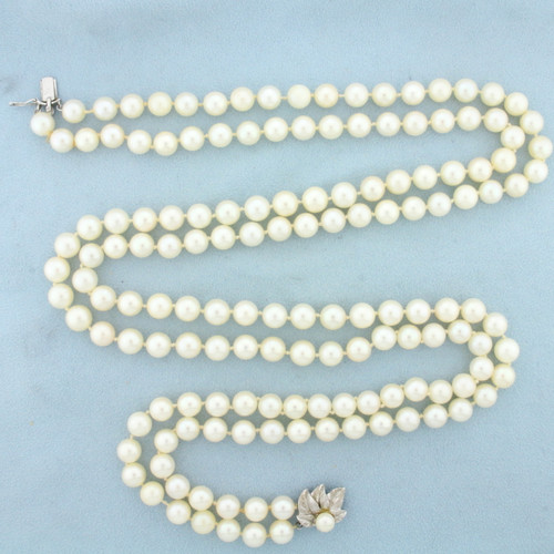 Long 25 Inch Vintage Akoya Pearl Double Strand Necklace in 14K White Gold