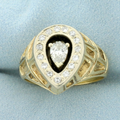 Mens Vintage Pear Diamond Ring in 14K Yellow Gold