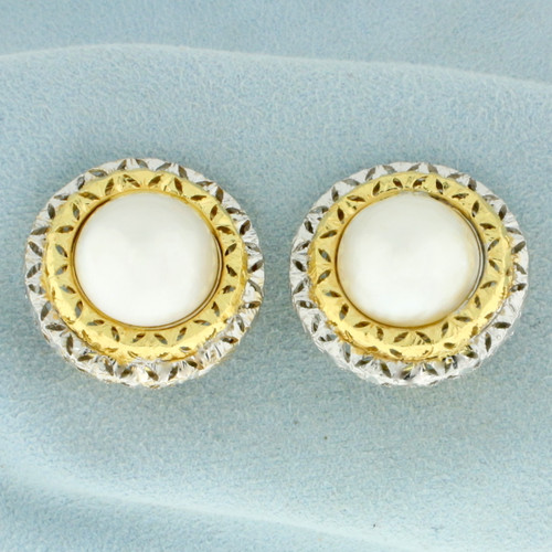 Vintage Mabe Pearl Clip on Statement Earrings in 18K Yellow and White Gold