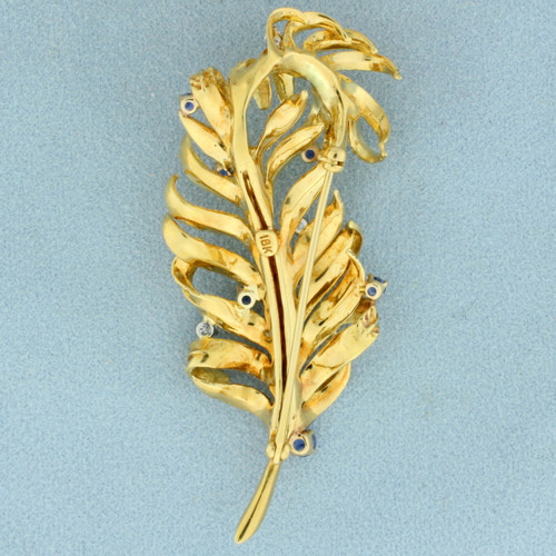 Vintage Sapphire and Diamond Feather Brooch in 18K Yellow Gold