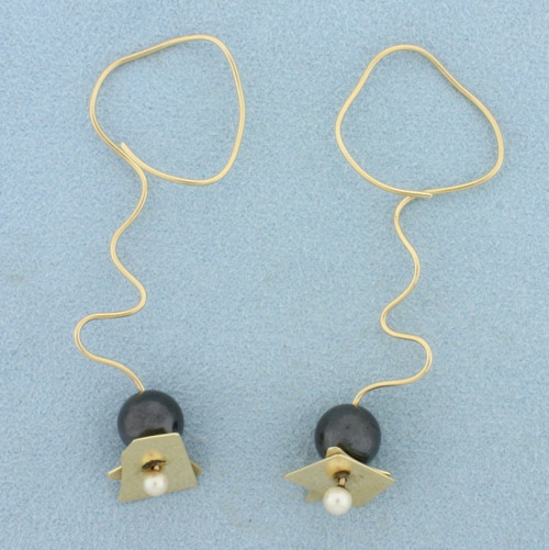 Hand Crafted One of a Kind Pearl Wire Dangle Earrings in 14K Yellow Gold